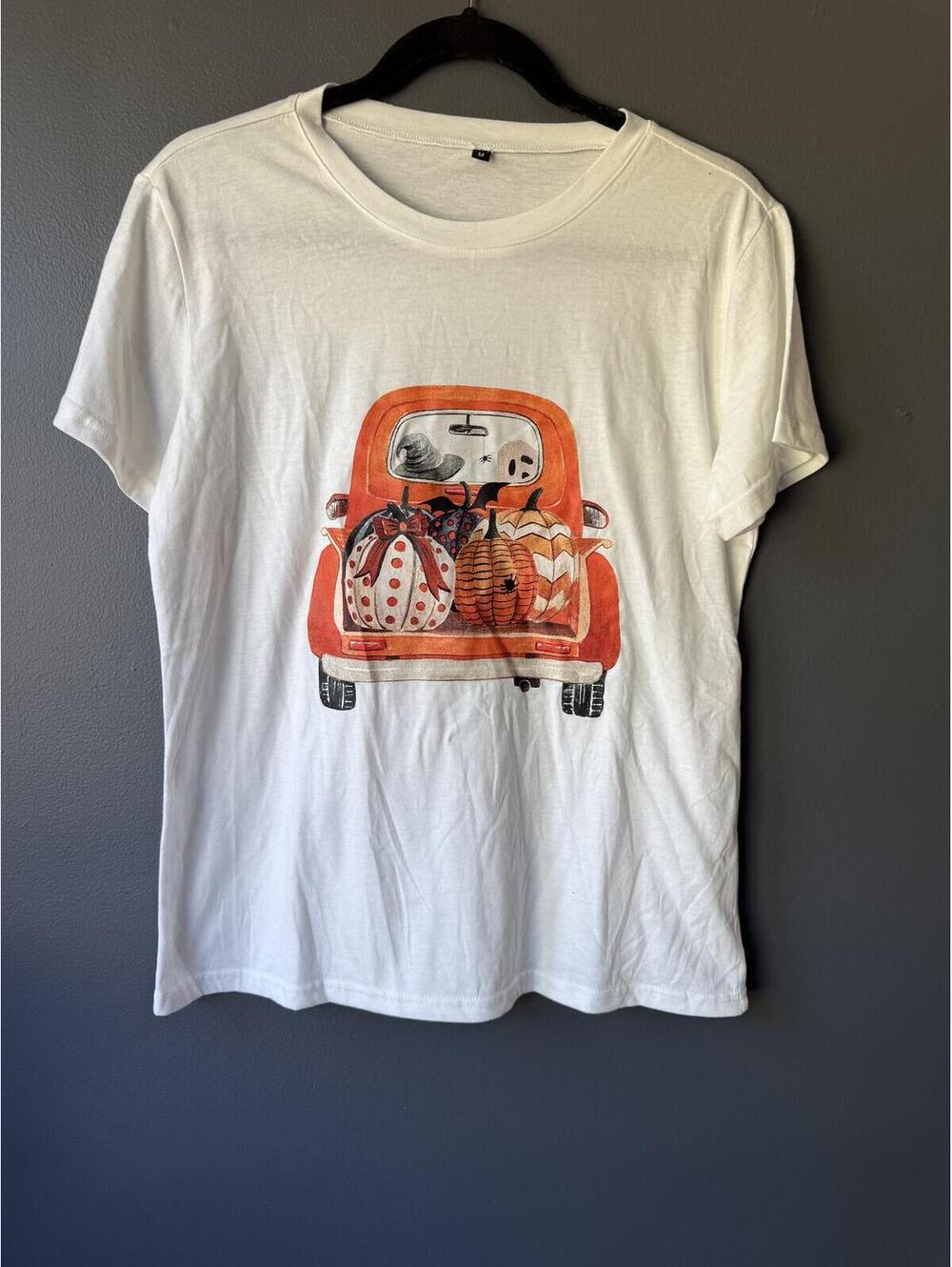 White T-Shirt with Halloween Pumpkin Truck Graphic, Size M